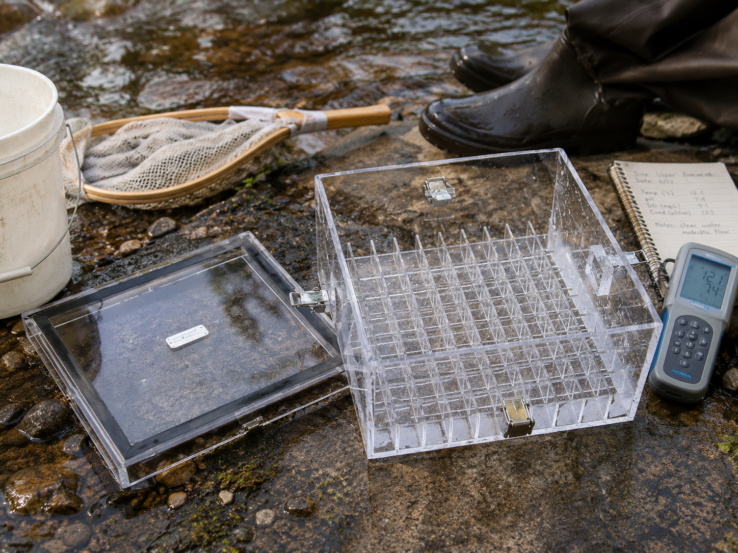 Busy Biome Bug Box open beside a stream with field gear