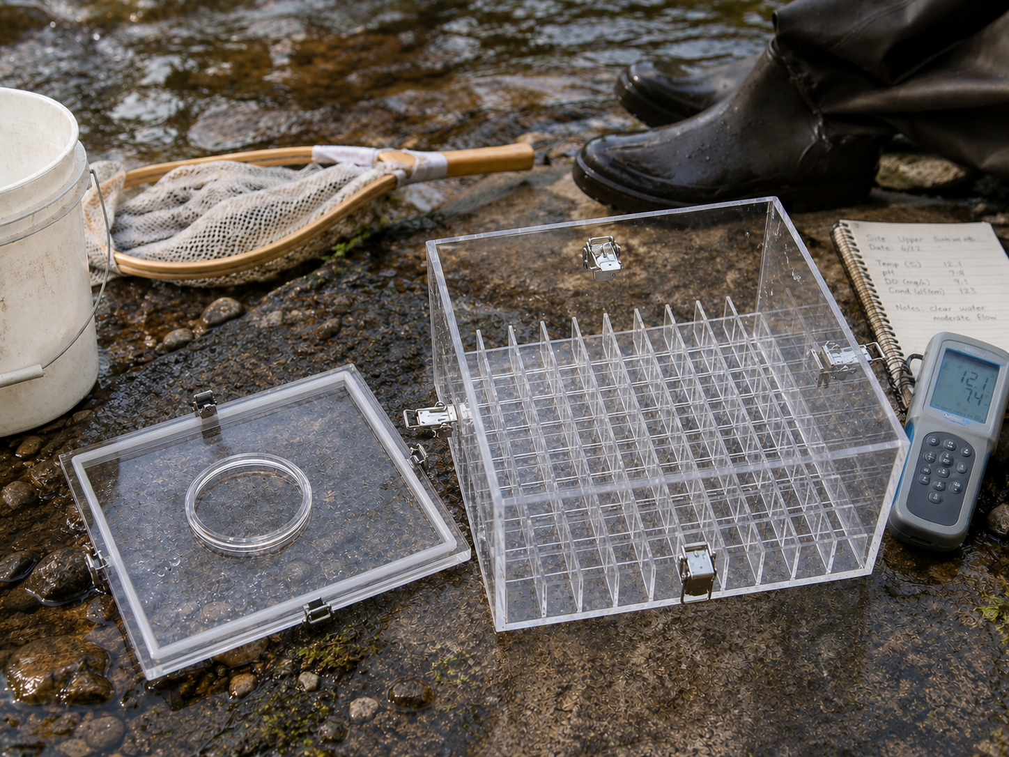 Busy Biome Bug Box open beside a stream with field gear